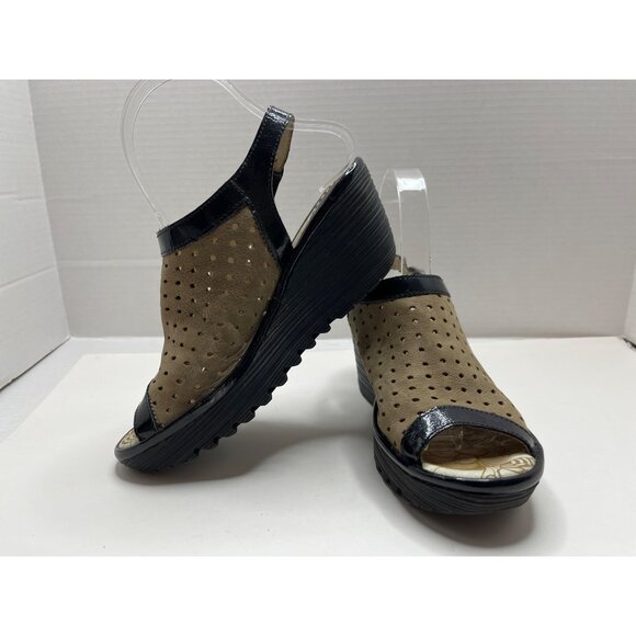 Fly London Yile Black Tan Suede Perforated‎ Leather Wedge Heel Sandals Size 37 - Picture 4 of 8
